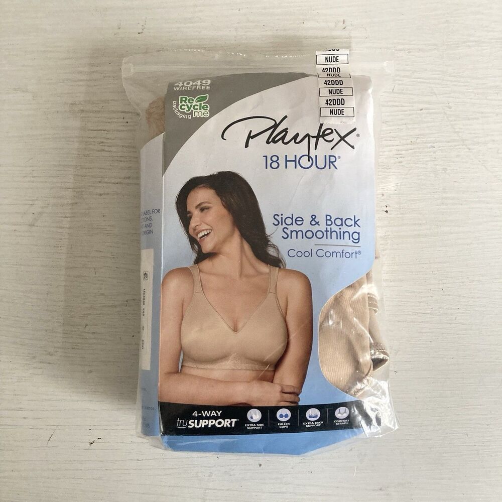 Playtex 18 Hour Seamless Wirefree Bra 4049 Back Side Smoothing Nude Size 42DDD